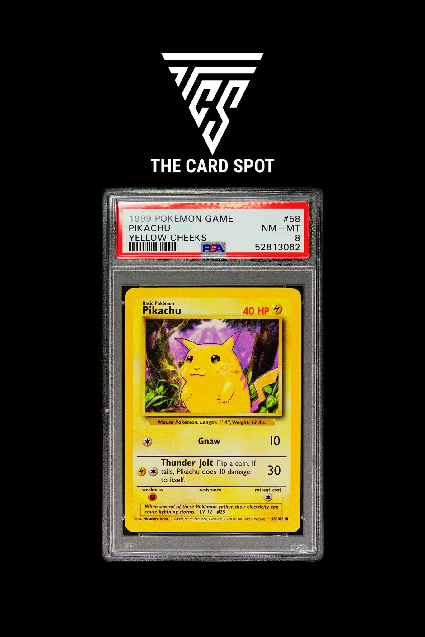 58/102 Pikachu Yellow Cheeks PSA 8 - Pokemon TCG - THE CARD SPOT PTY LTD.