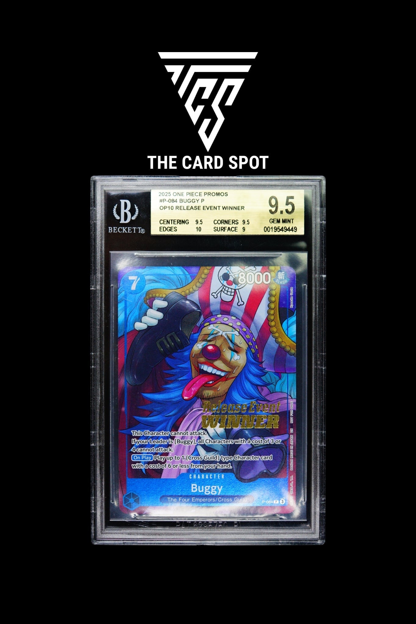 P - 084 Buggy Winner Stamp BGS 9.5 - One Piece TCG - THE CARD SPOT PTY LTD.